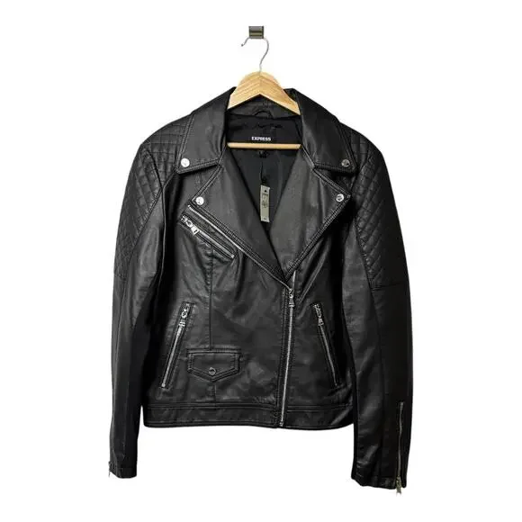 Express black faux leather quilted moto jacket size large NWT - Picture 3 of 9